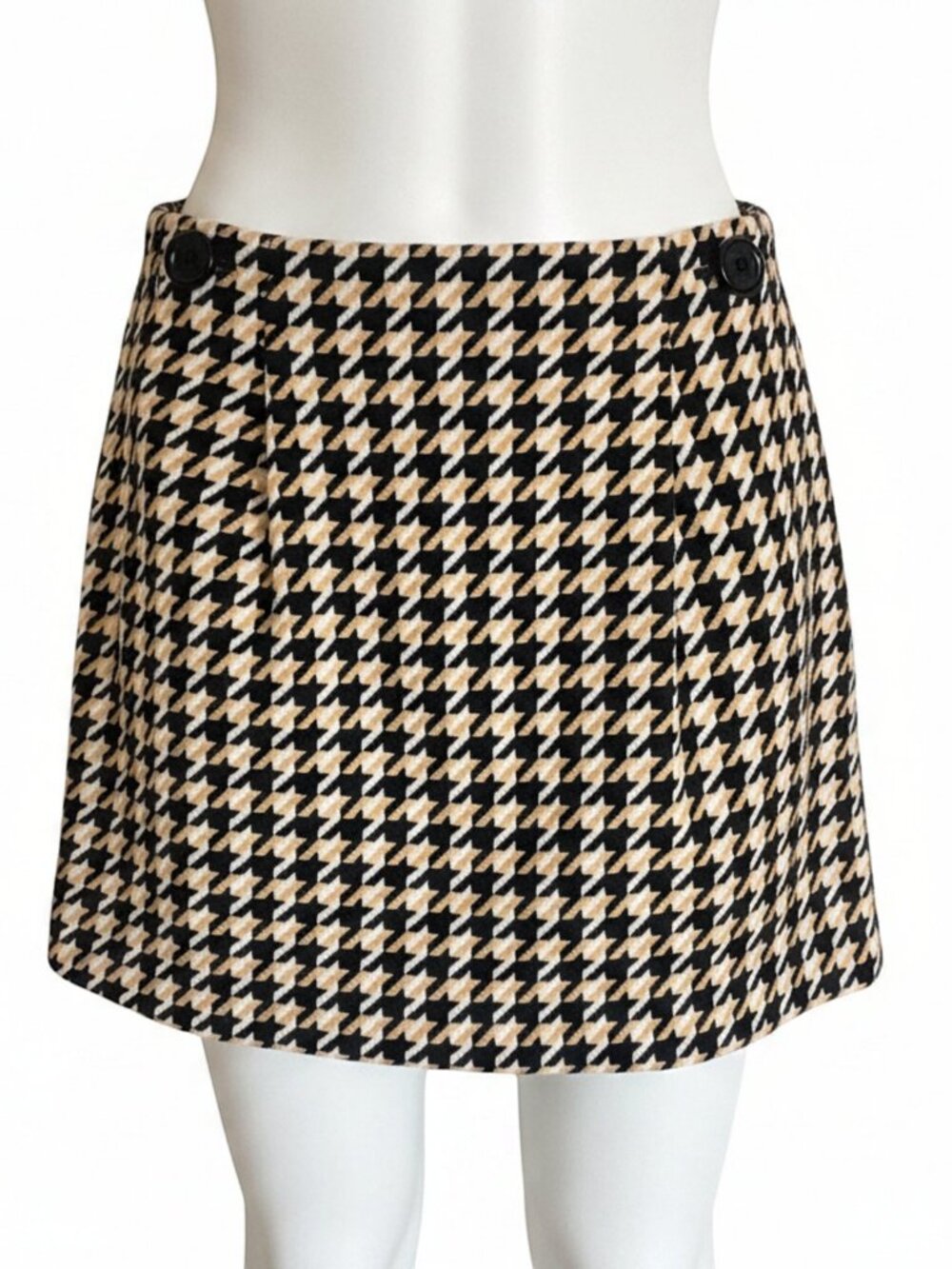 Walter Baker Houndstooth Mini Skirt Black Beige White Button Detail - Size 2